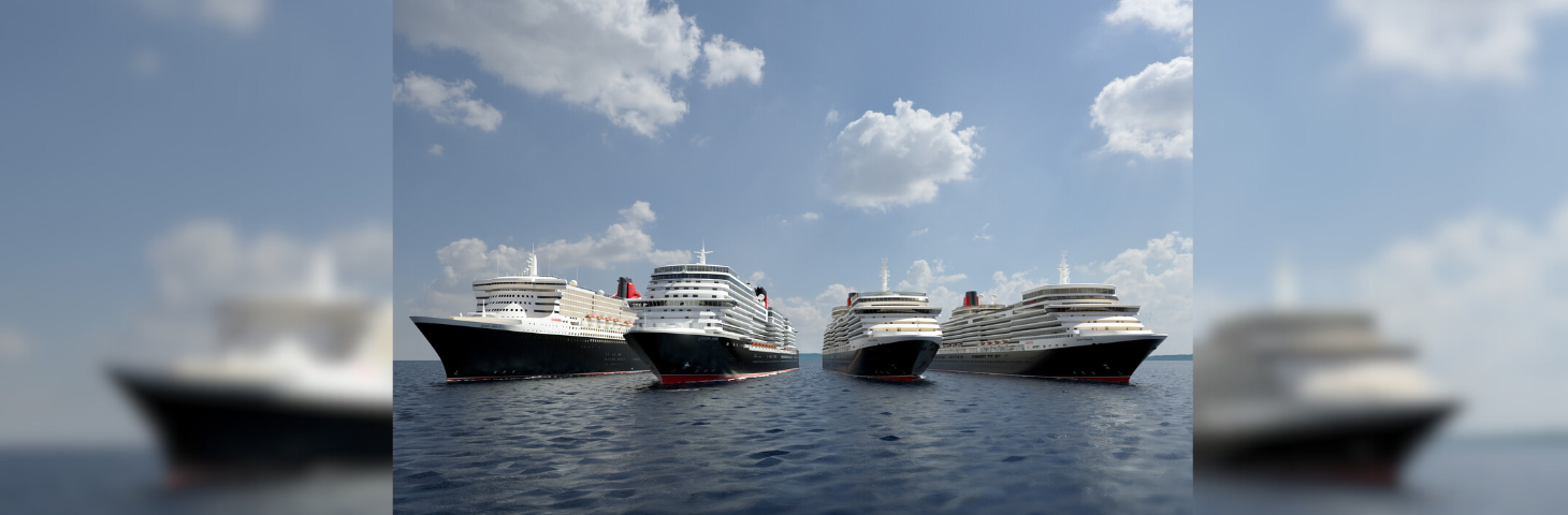 The four-ship Cunard fleet at sea.