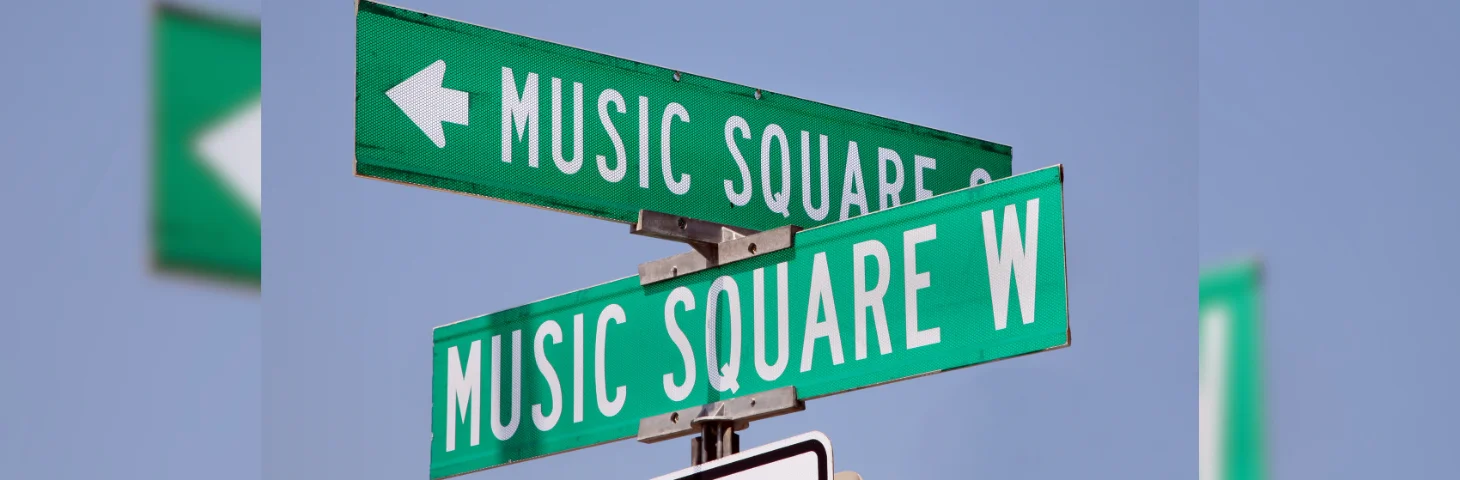 Road signs showing Music Square S and Music Square W in Nashville, Tennesse