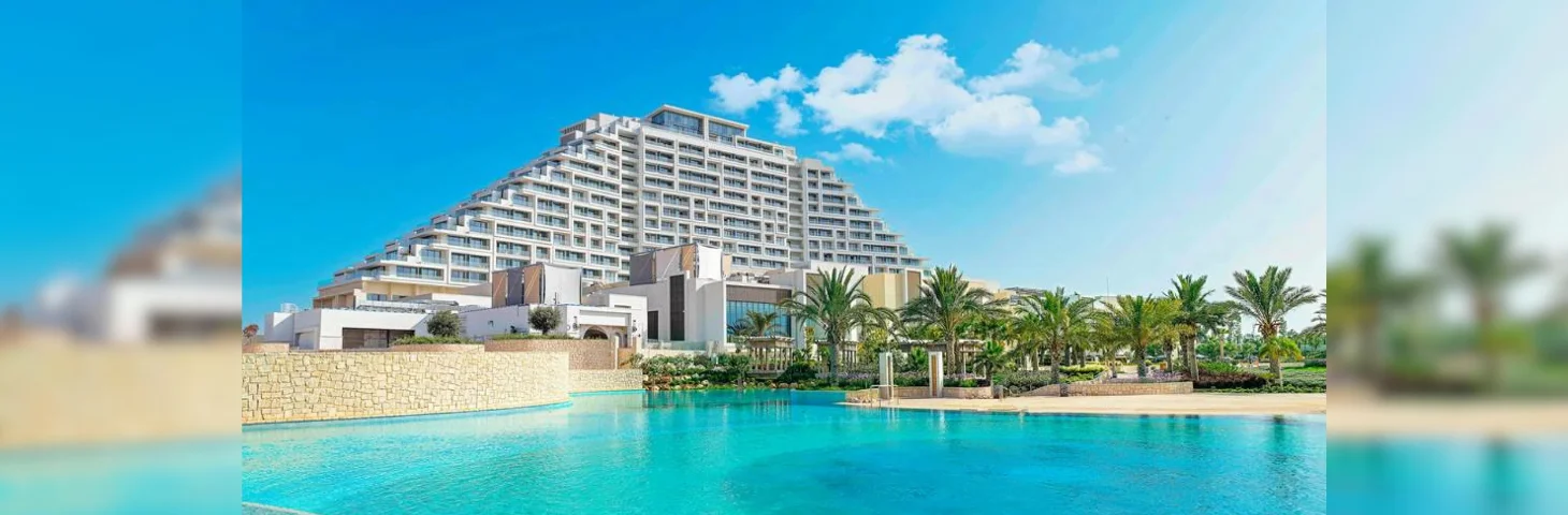 City of Dreams Mediterranean view across the main pool in front of the resort.