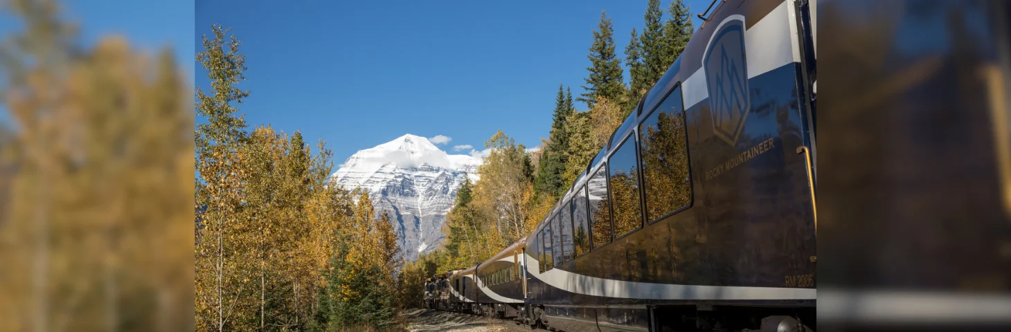 Rocky Mountaineer travelling through the Rocky Mountains.