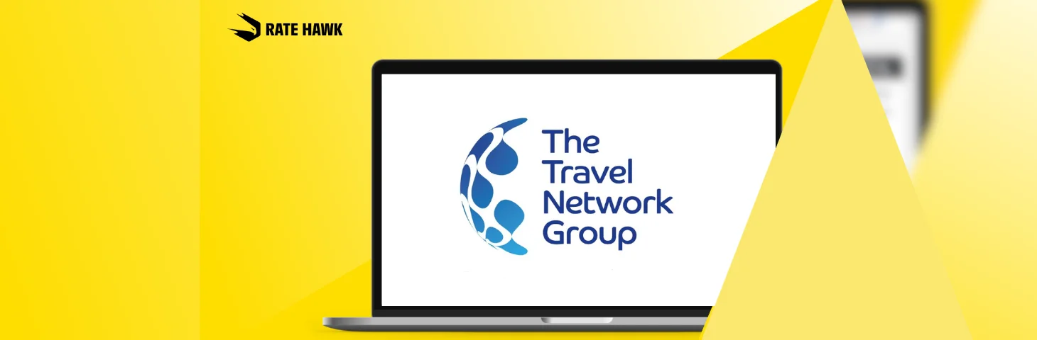 A laptop showing the TTNG logo on a yellow background with the RateHawk logo in the top left corner.