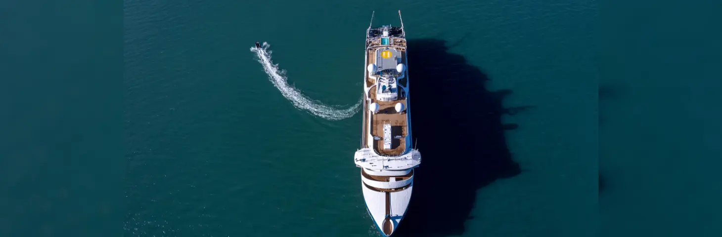 A bird's eye view image of a Swan Hellenic vessel in the sailing