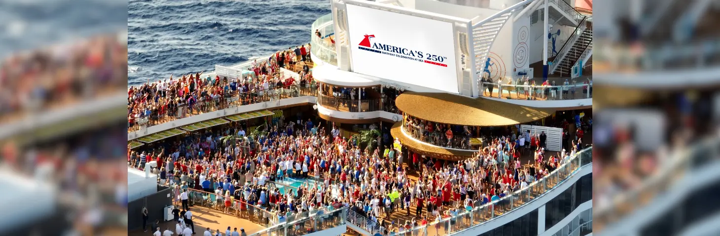 Image of a full deck of sailors celebrating the USA's birthday