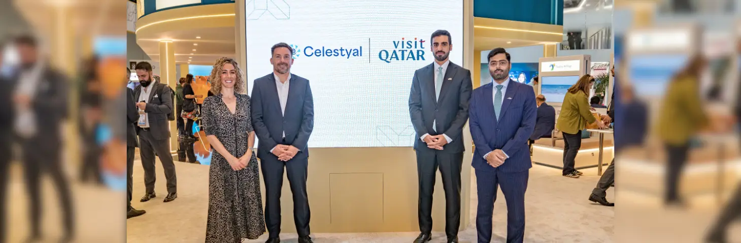 Image of the Celestyal and Visit Qatar representatives at WTM 