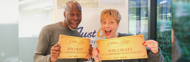 Claire Dutton, trade sales manager at the JG Travel Group, posing with a colleague and the Golden Ticket prize.